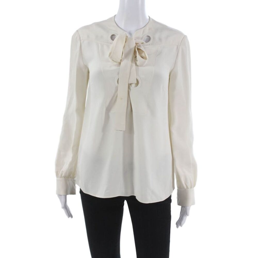 Derek Lam Women Silk High Neck Long Sleeve Basic Blouse Ivory Size M